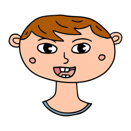 Happy cartoon doodle boy portrait isolated on white background. Cute little boy in hand drawn childlike style.のイラスト素材