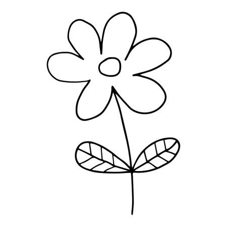 Fantasy cartoon doodle flower with leaves isolated on white background.のイラスト素材