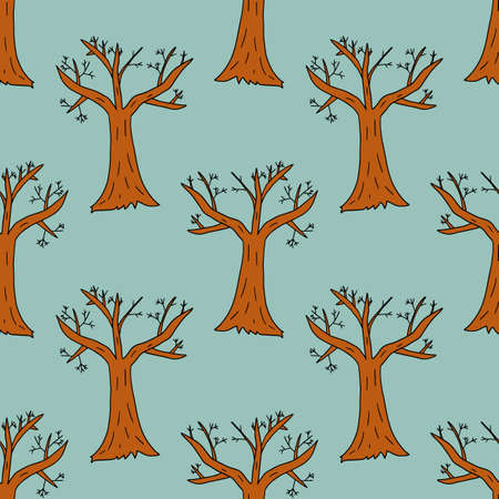 Cartoon bare winter tree in doodle style seamless pattern. winter forest background.のイラスト素材