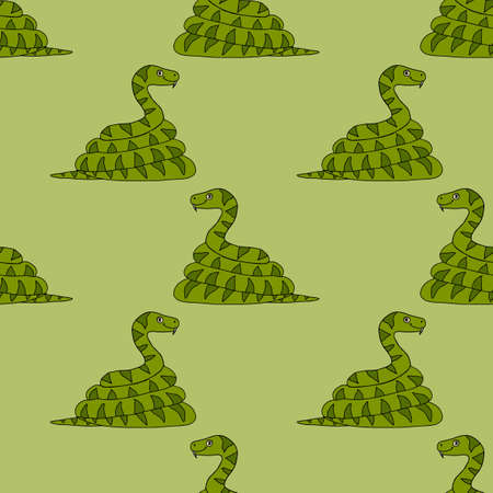 Cute cartoon coiled snake in childlike doodle style seamless pattern. Tropical reptile background.のイラスト素材
