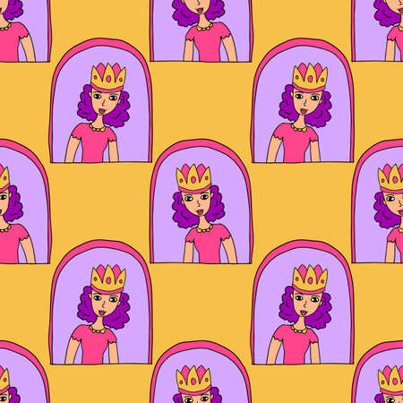 Cute cartoon abstract doodle princess portrait in arches background. Woman face seamless pattern.のイラスト素材