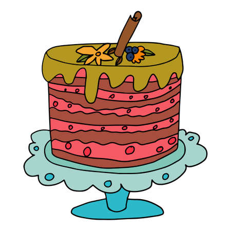 Doodle Birthday or Wedding chocolate big cake isolated on white background.