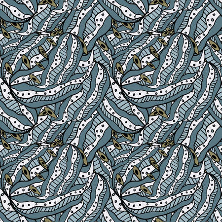 Cute abstract doodle art sketch seamless pattern. Background with crazy messy doodle art with different shapes, curls. Fantasy texture, textile, wrap, fabric.のイラスト素材