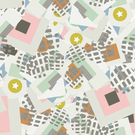 Modern fantasy messy geometric shapes seamless pattern. Infinity abstract card layout. Creative background with geo shapes. Textile, fabric, wrapping paper.のイラスト素材