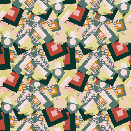 Modern striped fantasy messy geometric shapes seamless pattern. Infinity abstract card layout. Creative background with geo shapes. Textile, fabric, wrapping paper.のイラスト素材