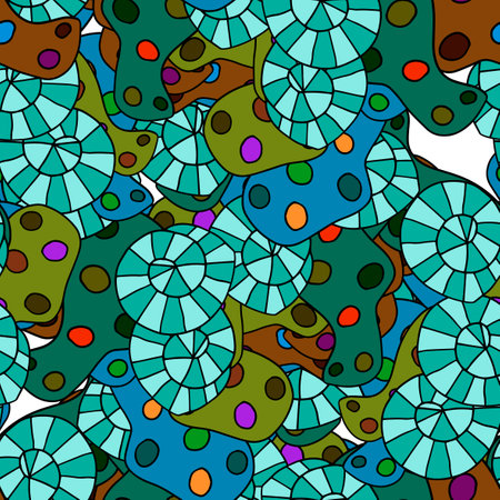 Fantasy messy freehand doodle geometric shapes seamless pattern. Infinity ditsy scribble abstract card layout. creative background. Textile, fabric, wrapping paper.のイラスト素材