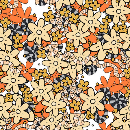 Fantasy messy freehand doodle geometric shapes and flowers seamless pattern. Infinity ditsy scribble abstract card layout. creative background. Textile, fabric, wrapping paper.のイラスト素材