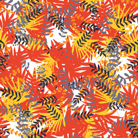 Abstract colorful doodle seamless pattern with leaves, plants, branches. Messy fantasy floral background.のイラスト素材