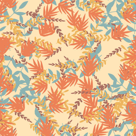 Abstract colorful doodle seamless pattern with leaves, plants, branches. Messy fantasy floral...