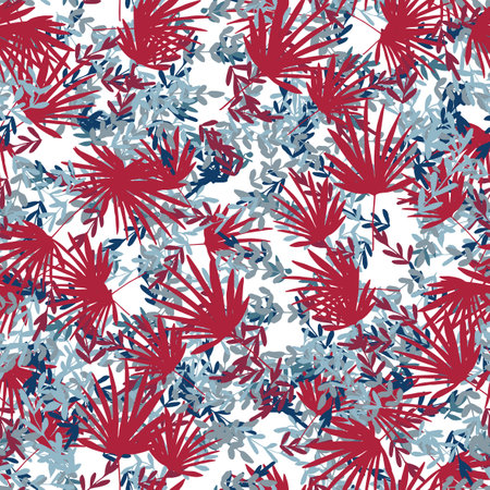 Abstract colorful doodle seamless pattern with leaves, plants, branches. Messy fantasy floral background.のイラスト素材