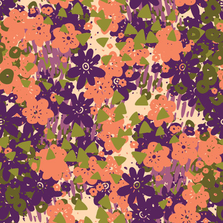Fantasy messy freehand doodle flowers seamless pattern. Infinity ditsy scribble abstract card layout. creative background. Textile, fabric, wrapping paper.のイラスト素材