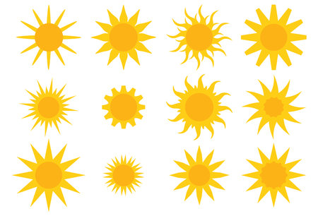 Big collection of yellow geometric flat style sun icons, symbols isolated on white background. Sunlight sticker set.のイラスト素材
