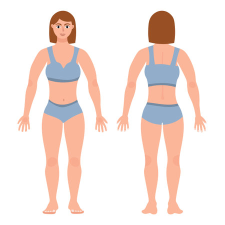 Cute sporty woman body silhouette , whole-length female character in underwear in flat style in front and back.のイラスト素材