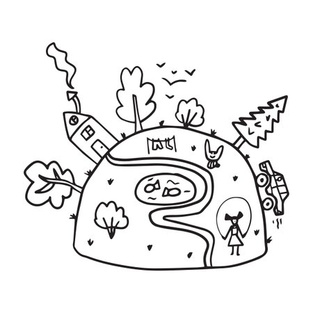 Doodle landscape with house, girl, lake, car. Island town sketch isolated on white background.のイラスト素材