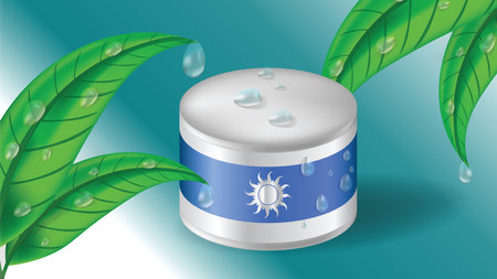 Advertising jar of cream with fresh green tea leaves or plant with water drops in realistic 3d styleのイラスト素材