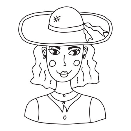 Cute cartoon abstract doodle girl in the hat portrait isolated on white background. woman face.のイラスト素材