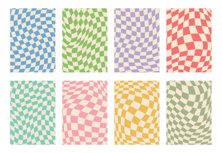 Retro set of groovy wavy psychedelic checkerboard in pale pastel colors, A4. Y2K, phone case background from the 90s. Hippie chessboard template. Psychedelic retro design from the 60s 70s. Gingham.のイラスト素材