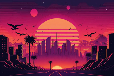 Illustration of 80s city skyline at sunset with a synthwave aesthetic. Generative AI.の素材