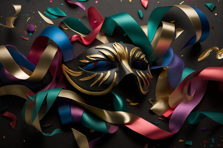 Carnival decoration with mask, confetti and ribbons. Generative AI.の素材