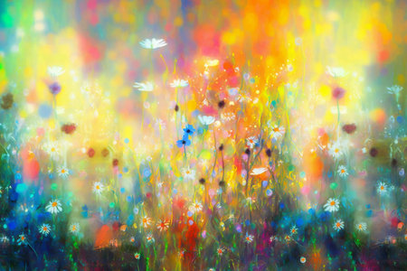 Abstract colorful flower meadow painting style background. Generative AI.の素材