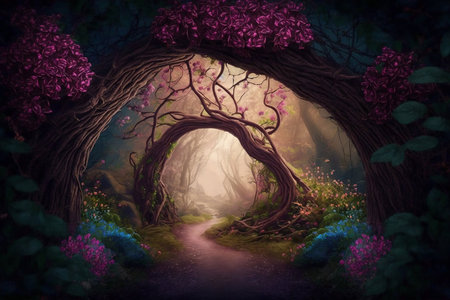 Beautiful archway made of branches and flowers in a magical fantasy forest. Generative AI.の素材