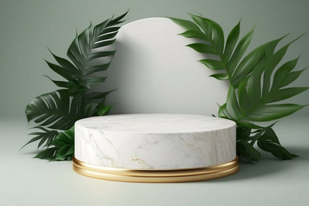 Clean white marble display podium for luxury product advertisement with a light background with leaves of plant. Generative AI.の素材