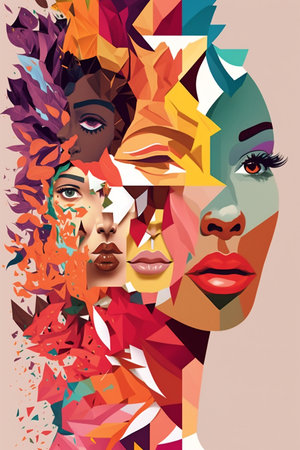 Colorful cartoon women's face collage in a modern style. Generative AI.の素材