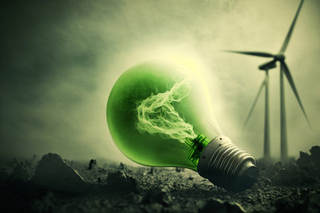 Green energy lightbulb symbolizing sustainable wind energy revolution. Generative AI.の素材