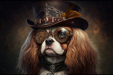 King charles cavalier spaniel in cool steampunk style. Generative AI.の素材