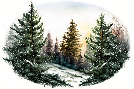 Snow-covered fir trees in blurred forest background, oval watercolor scene isolated on white for postcard. Generative AI.の素材