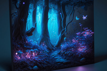 Gloomy fantasy forest scene at night with glowing lights. Generative AI.の素材