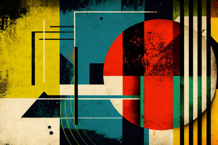 Bauhaus art style pattern on grunge textured background. Generative AI.の素材