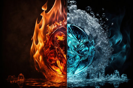 Fire and Ice element against each other, Yin Yang. Generative AI.の素材