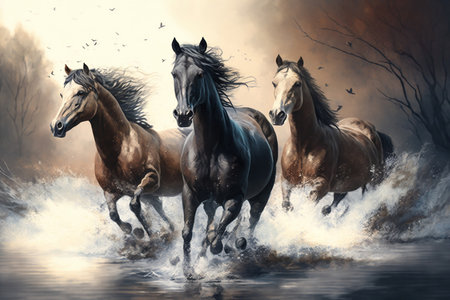Three horses run along the river. Generative AI.の素材