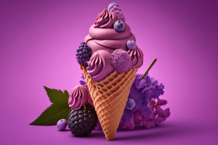 Purple Ice Cream Cone decorated with berries close-up on Purple background. Generative AI.の素材