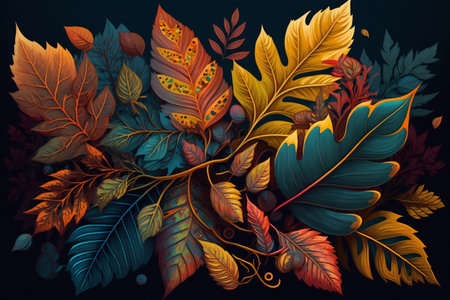Vibrant and colorful display of leaves, arranged in a decorative pattern as a background. Generative AI.の素材