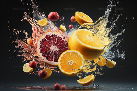 Yellow lemons and red grapefruits in water splash motion, tropical fruit concept. Generative AI.の素材