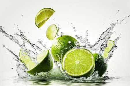 Water splashes with fresh limes on a white background. Generative AI.の素材