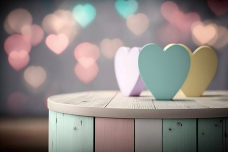 Valentines day themed background with empty pastel color wooden table for product display, bokeh lights, copy space, hearts in the background. Generative AI.の素材