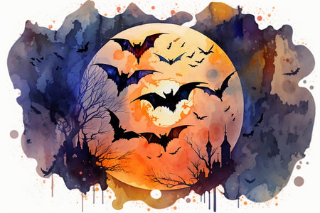 Watercolor bats and full moon for Halloween. Generative AI.の素材