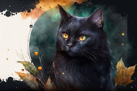 Watercolor banner with black cat for Halloween, copy space. Generative AI.の素材