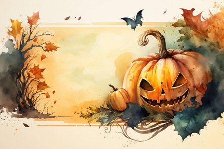 Watercolor banner featuring a carved pumpkin for Halloween with space for text. Generative AI.の素材