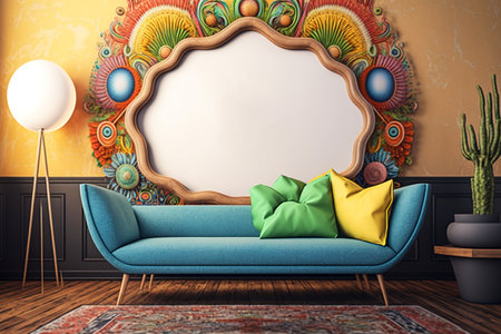 Groovy big frame mockup in interior. Generative AI.の素材