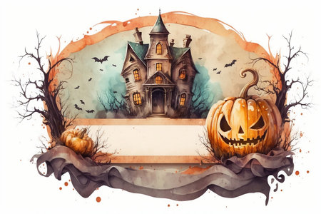 Watercolor banner with carved pumpkin and haunted house for Halloween, copy space. Generative AI.の素材
