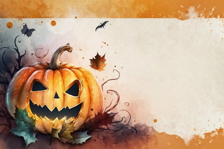 Watercolor banner featuring a carved pumpkin for Halloween with space for text. Generative AI.の素材