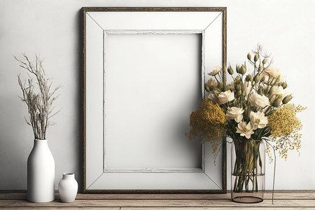 Rustic big frame mockup with flowers in vase. Generative AI.の素材