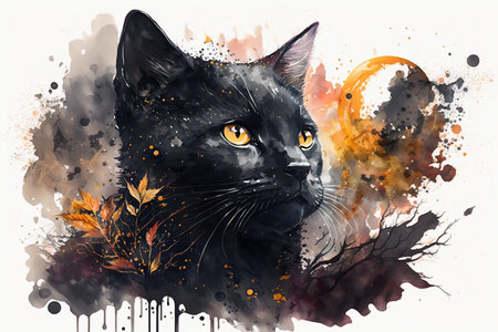 Watercolor black cat for Halloween. Generative AI.の素材
