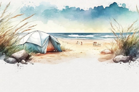 Watercolor banner featuring a summer beach camping scene with space for text. Generative AI.の素材
