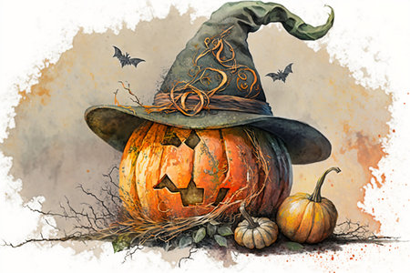 Watercolor carved pumpkin with witch's hat for Halloween. Generative AI.の素材