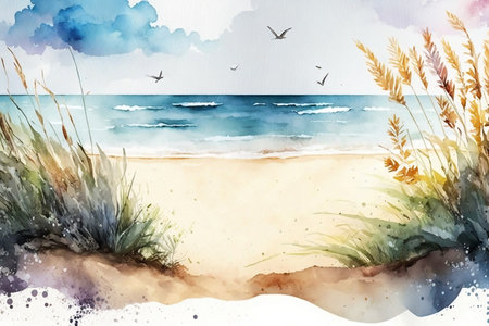 Watercolor banner featuring a summer beach landscape with space for text. Generative AI.の素材